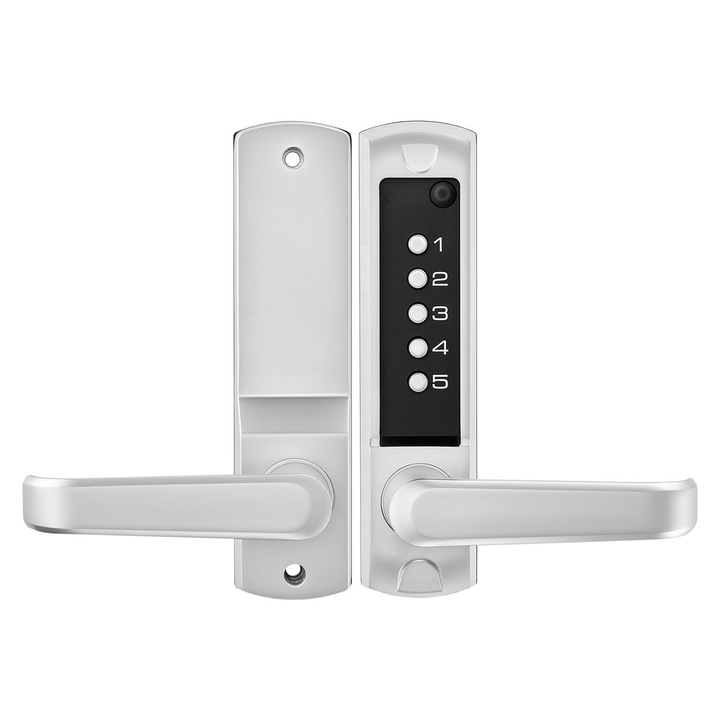 Incuietoare mecanica cu cod pentru usi si porti, Yala fara cheie cu maner, Cod 5 cifre, Tastatura pe o parte, Auto-blocare, Pentru porti de gradina, Interior si exterior, Argintiu