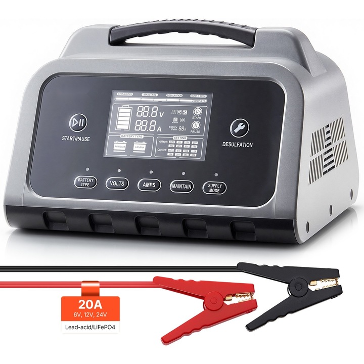 Incarcator redresor baterii, Auto Moto Marin, 20A, 6V/12V/24V, Pentru Litiu LiFePO4 si Plumb-Acid Gel/AGM, Afisaj LCD, Incarcare de intretinere, Functie de desulfatare
