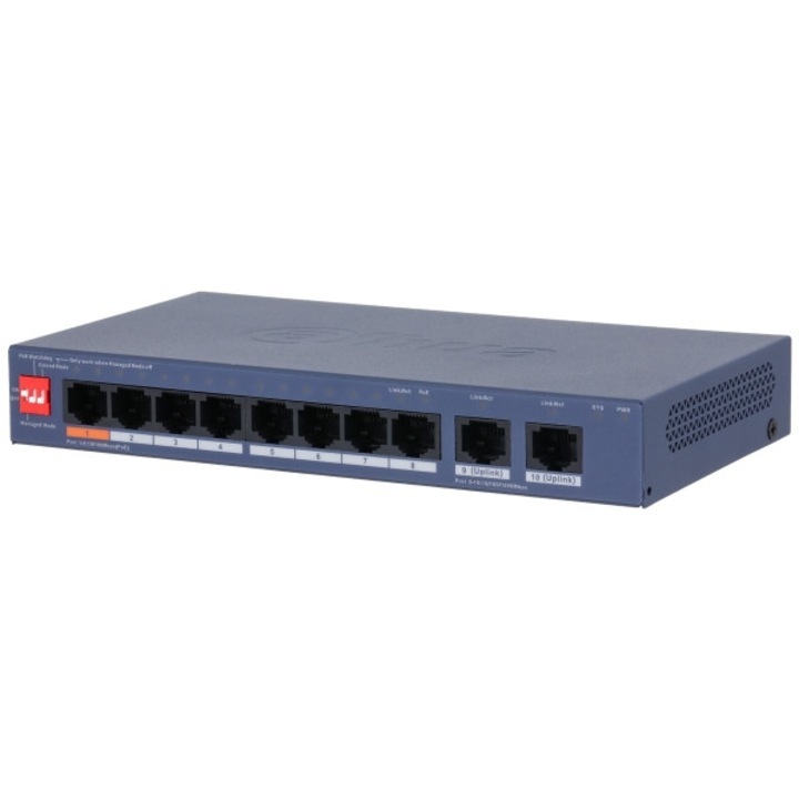 Switch PoE 8-porturi DAHUA, 10/100/1000 Mb/s, 60W, gestionare prin www, 8xRJ45, 2xRJ45 Uplink