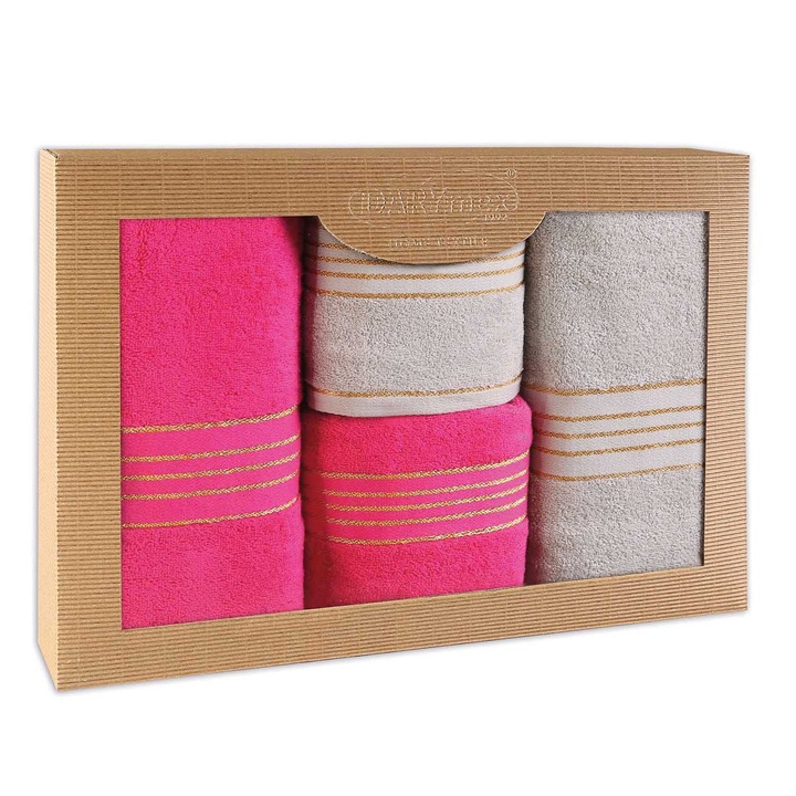 Set 4 prosoape Darymex, 100% bumbac, 500g/m2, gri deschis/fucsia, 50x90cm + 70x140cm
