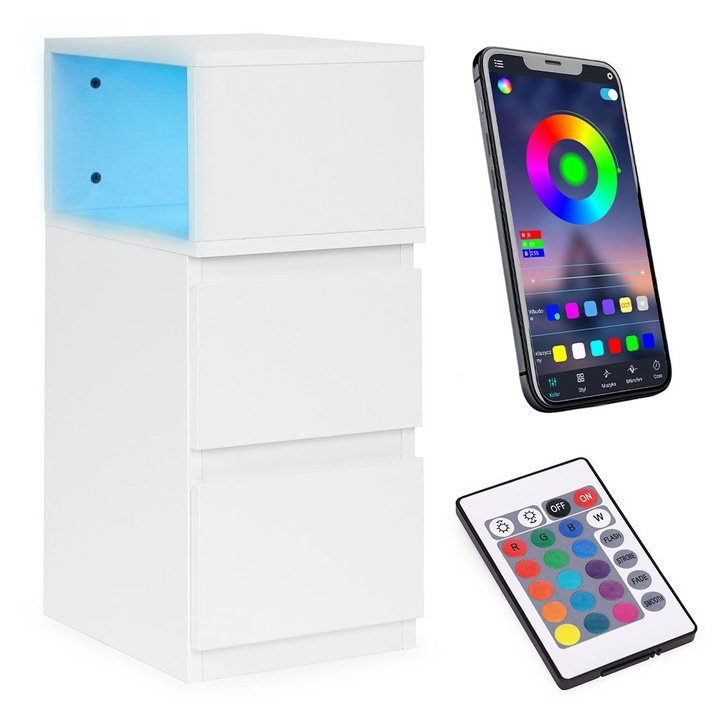 Safa nocturna cu iluminare LED, 2 sertare, alb, 25,5x30x60cm, set