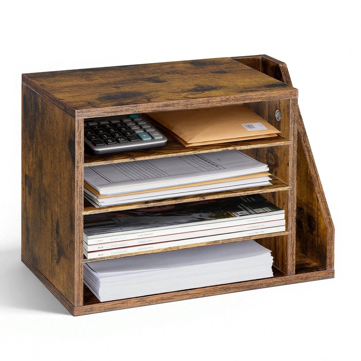 Organizator documente, Sortator corespondenta de birou din lemn, 4 Compartimente, Rafturi detasabile, Spatiu lateral vertical, Pentru acte, dosare, hartie, Maro