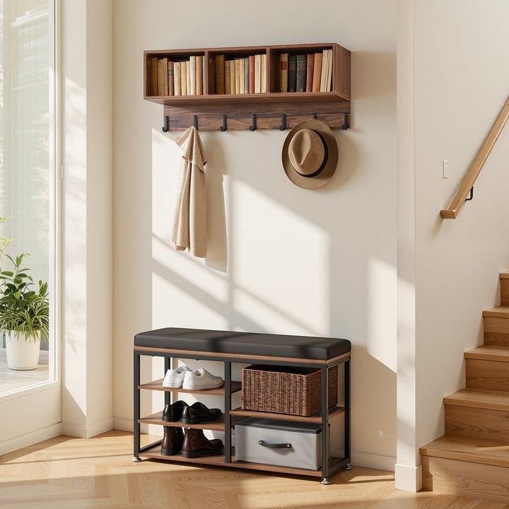Cuier de hol cu banca pentru incaltat, Set 3 in 1, Cadru din otel, Carlige pentru haine, Raft pentru carti, Organizator pentru hol, Maro rustic