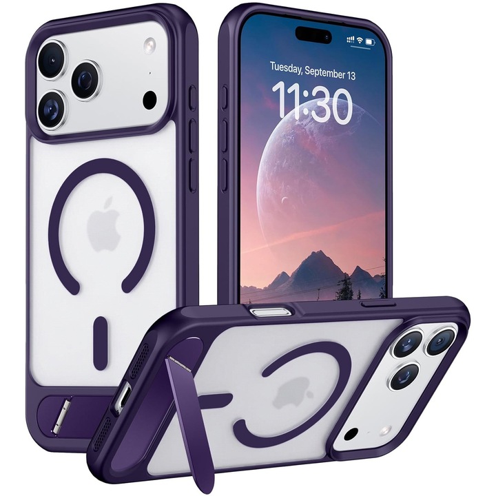 Husa pentru iPhone 17 PRO, MobileSmart, compatibil cu MagSafe, suport ascuns si protectie militara antisoc cu margini ridicate, Mov