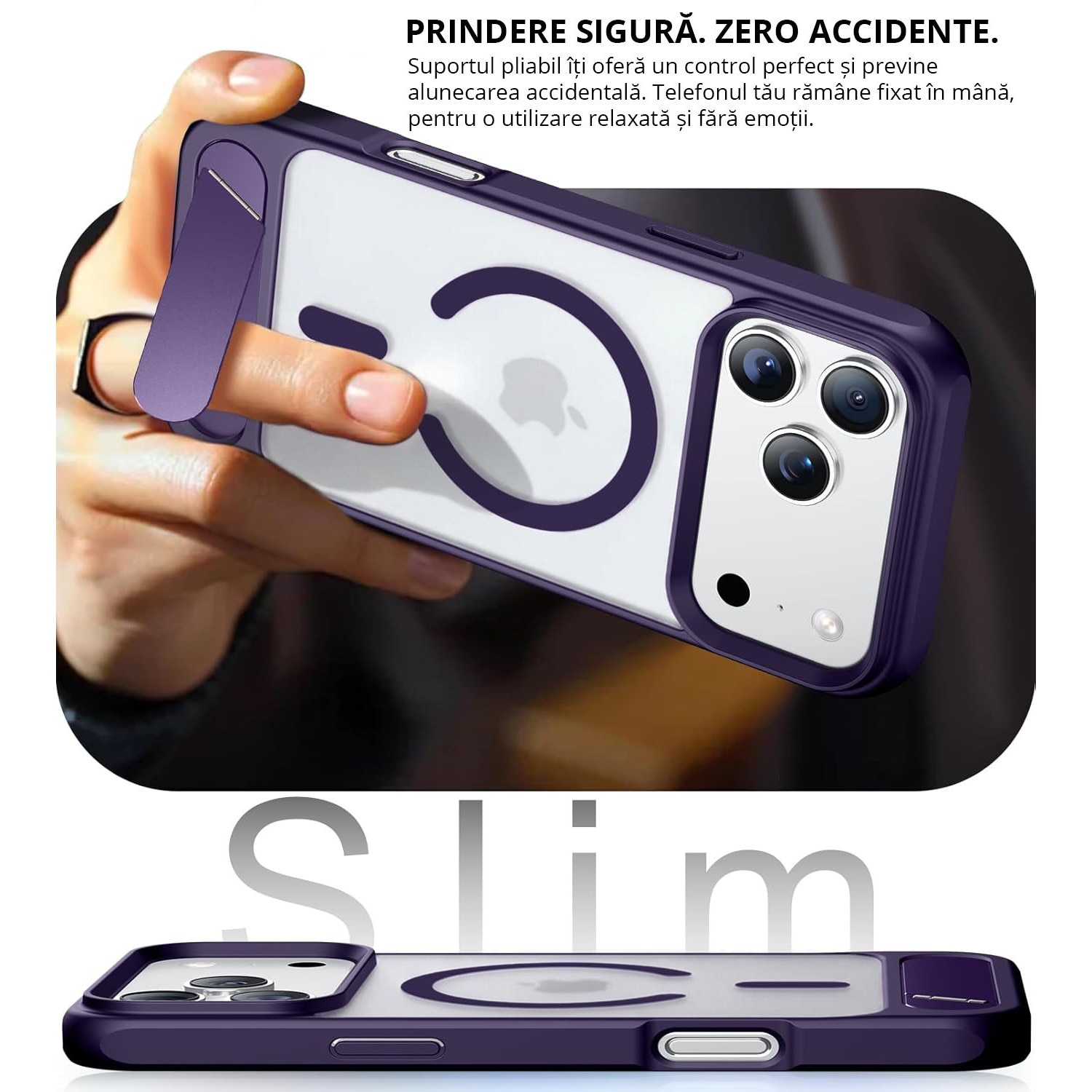 Husa pentru iPhone 17 PRO, MobileSmart, compatibil cu MagSafe, suport ascuns si protectie militara antisoc cu margini ridicate, Mov