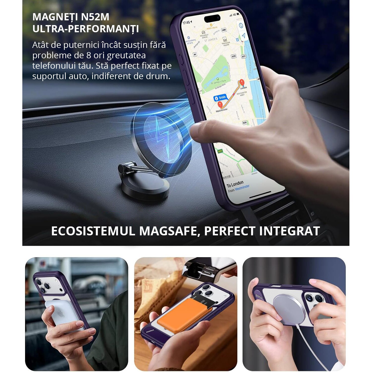 Husa pentru iPhone 17 PRO, MobileSmart, compatibil cu MagSafe, suport ascuns si protectie militara antisoc cu margini ridicate, Mov