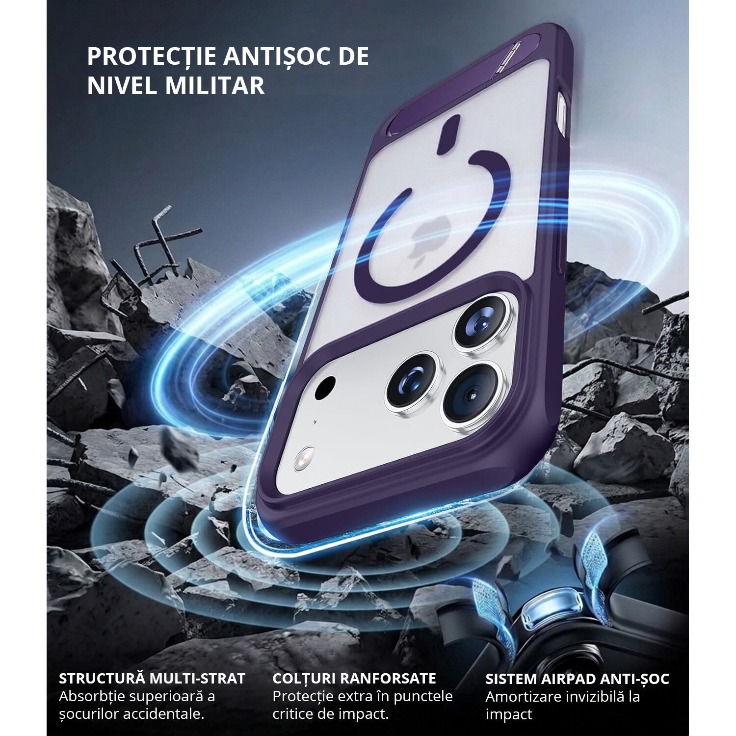 Husa pentru iPhone 17 PRO, MobileSmart, compatibil cu MagSafe, suport ascuns si protectie militara antisoc cu margini ridicate, Mov