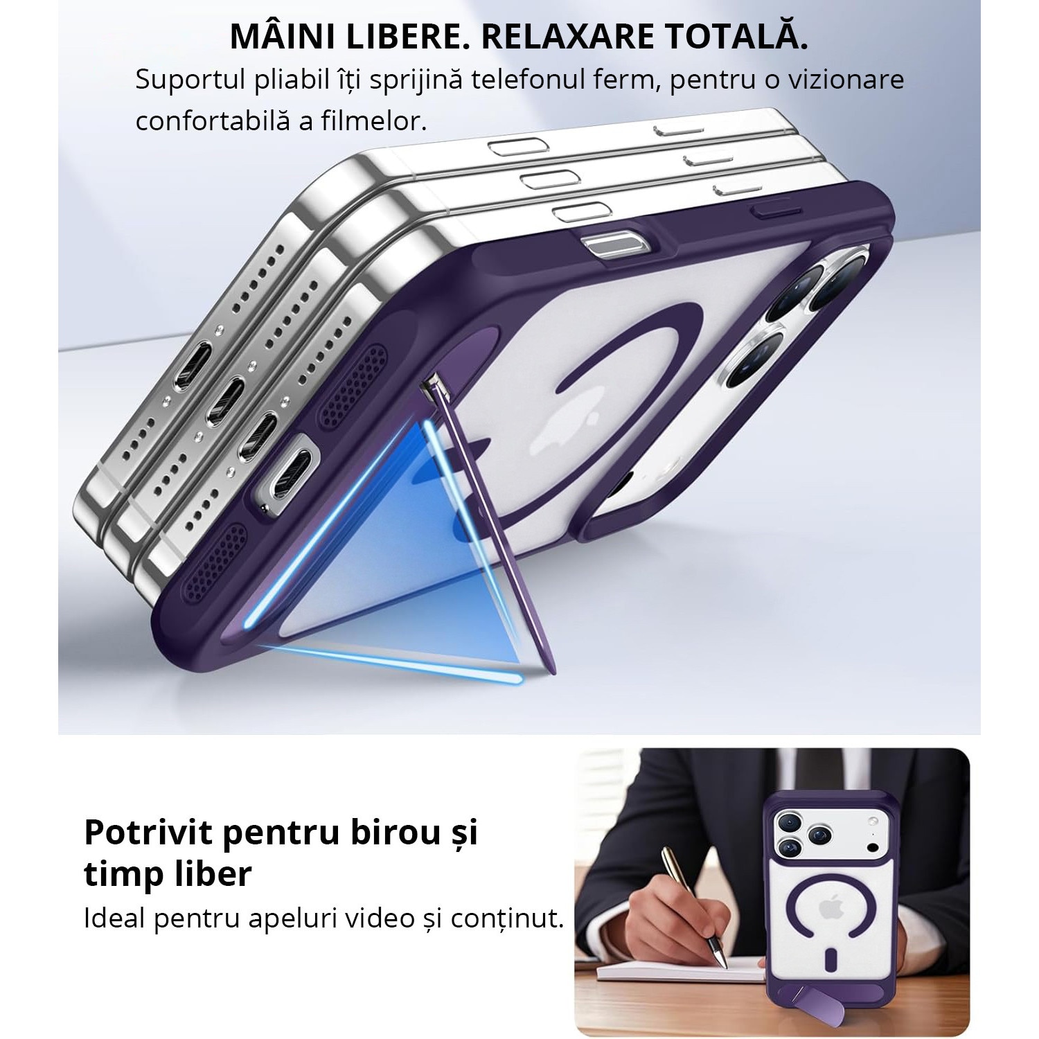 Husa pentru iPhone 17 PRO, MobileSmart, compatibil cu MagSafe, suport ascuns si protectie militara antisoc cu margini ridicate, Mov