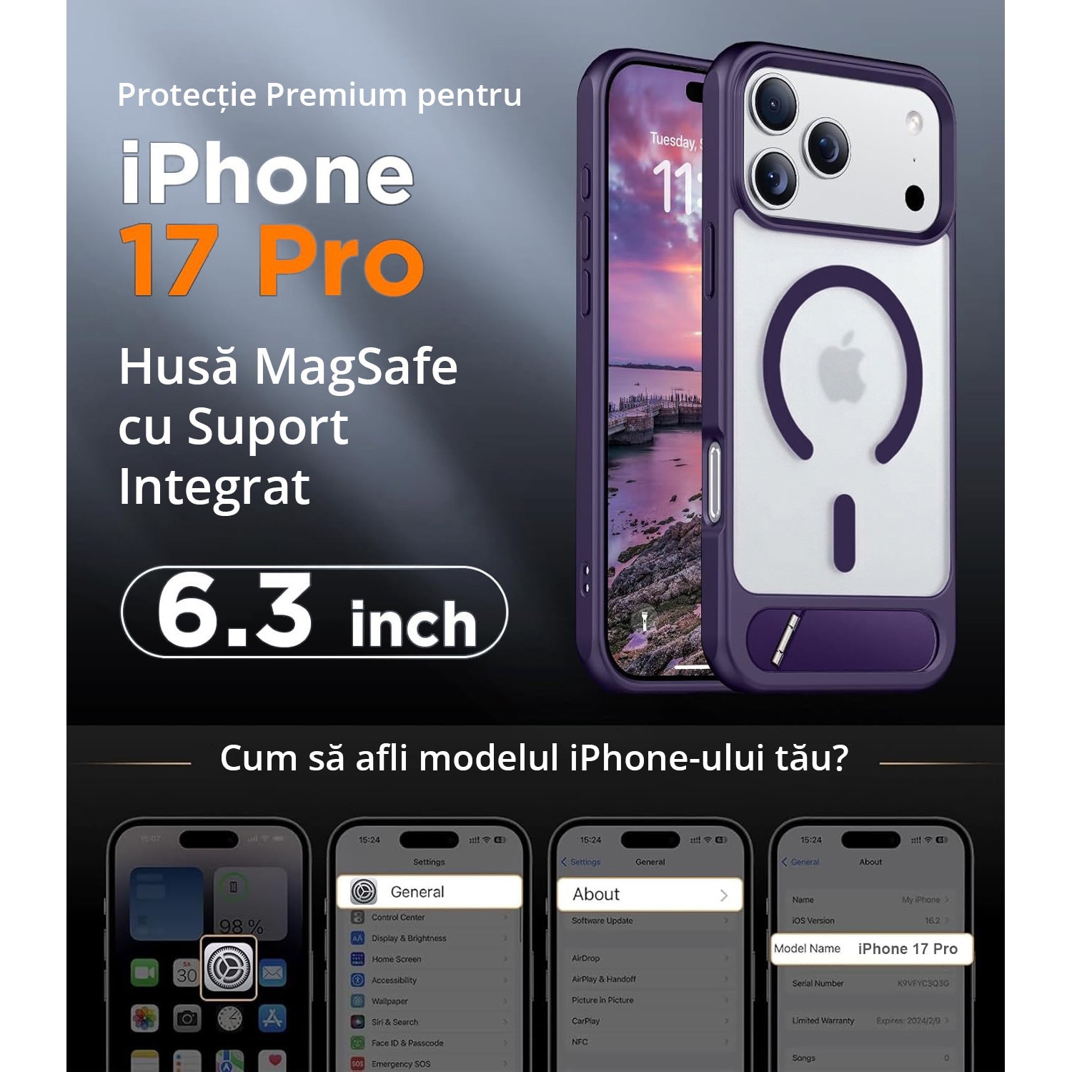 Husa pentru iPhone 17 PRO, MobileSmart, compatibil cu MagSafe, suport ascuns si protectie militara antisoc cu margini ridicate, Mov
