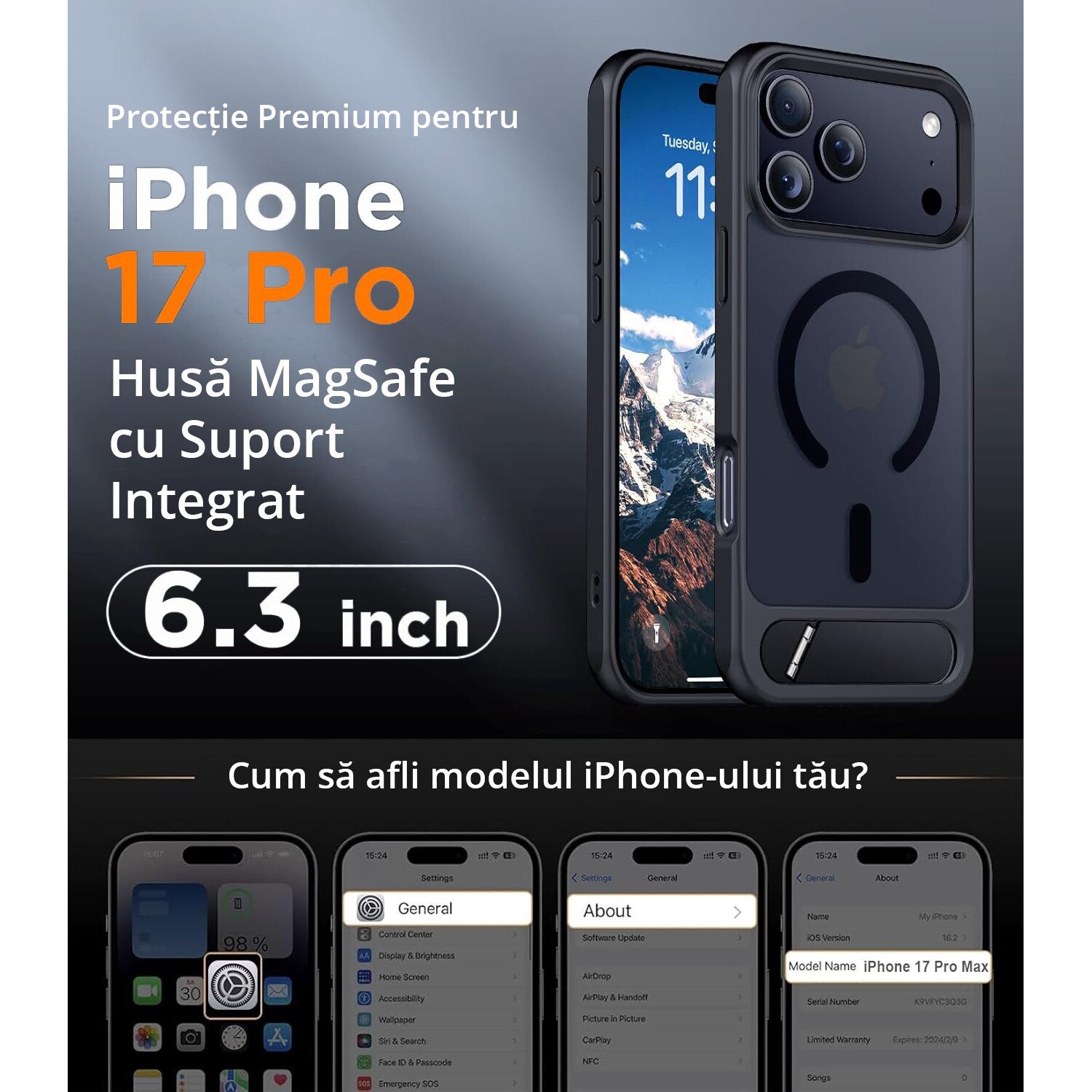 Husa pentru iPhone 17 PRO, MobileSmart, compatibil cu MagSafe, suport ascuns si protectie militara antisoc cu margini ridicate, Negru