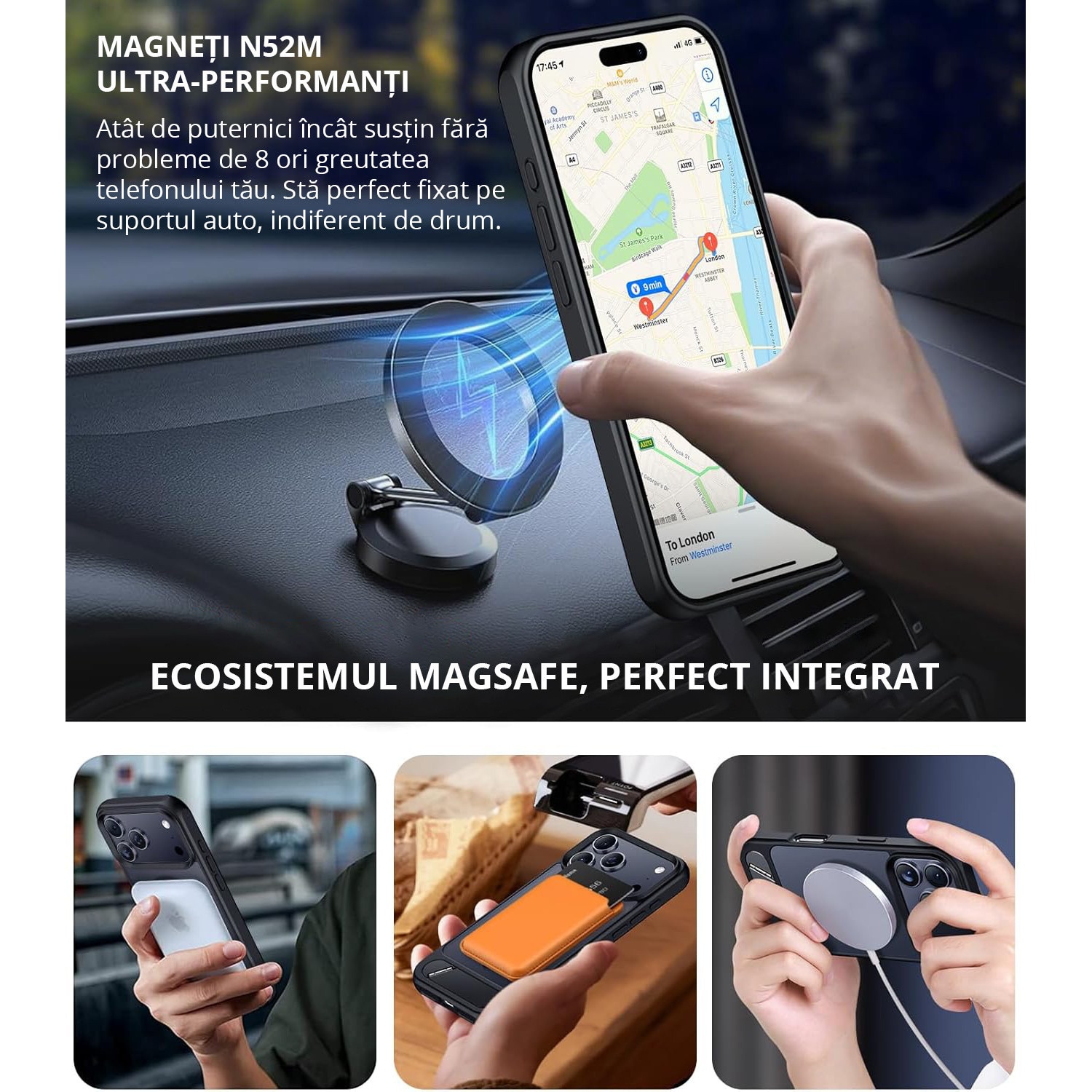 Husa pentru iPhone 17 PRO MAX, MobileSmart, compatibil cu MagSafe, suport ascuns si protectie militara antisoc cu margini ridicate, Negru