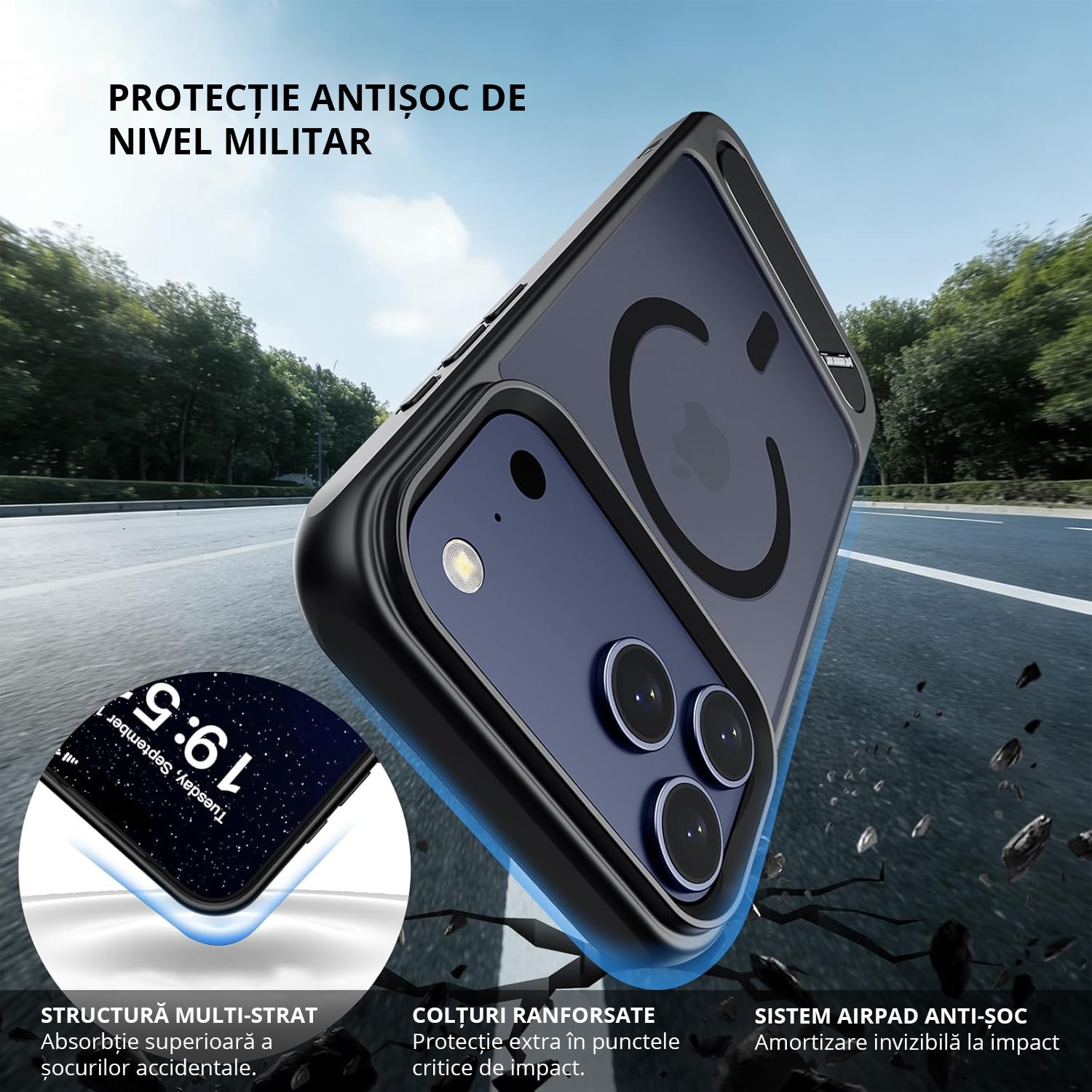 Husa pentru iPhone 17 PRO MAX, MobileSmart, compatibil cu MagSafe, suport ascuns si protectie militara antisoc cu margini ridicate, Negru