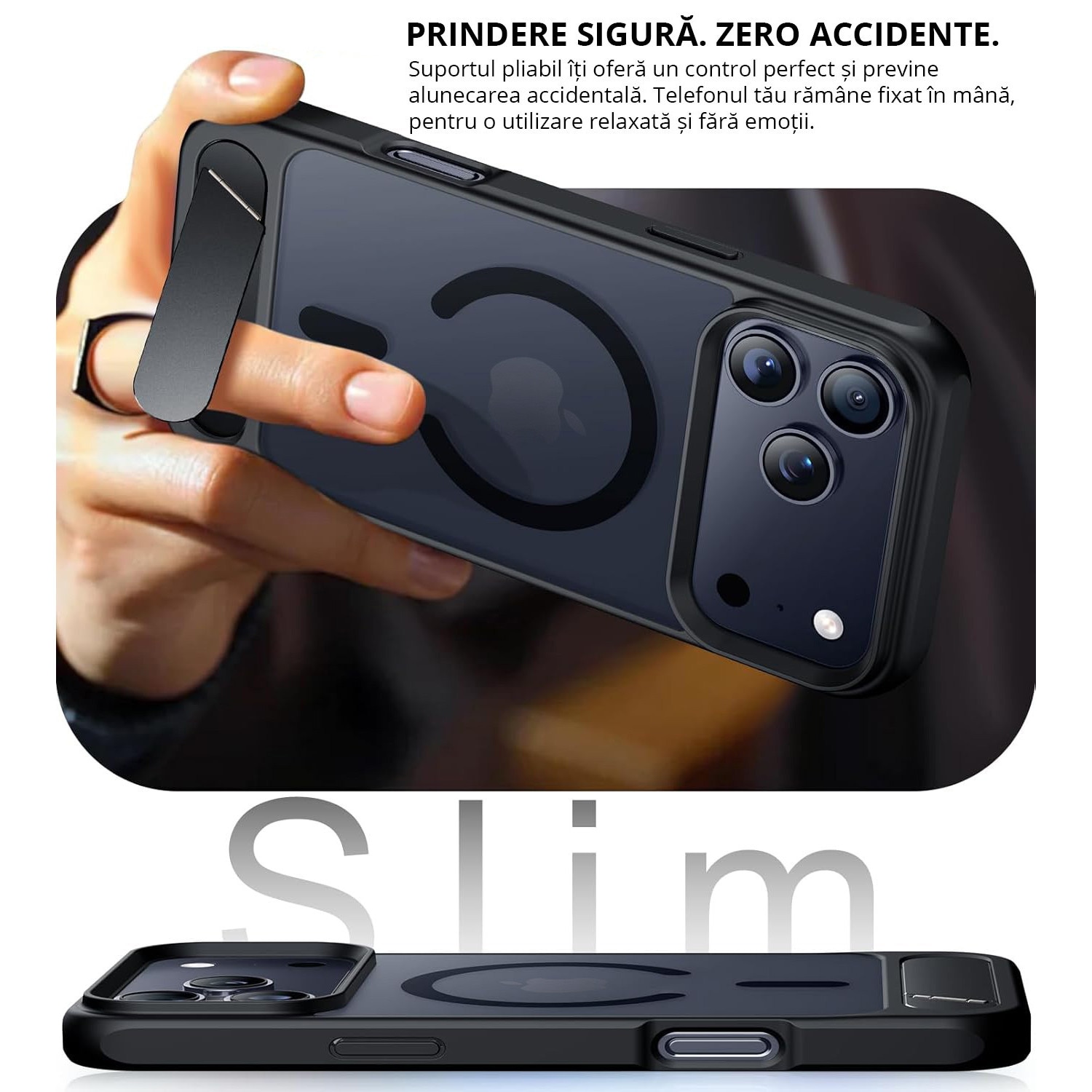 Husa pentru iPhone 17 PRO MAX, MobileSmart, compatibil cu MagSafe, suport ascuns si protectie militara antisoc cu margini ridicate, Negru