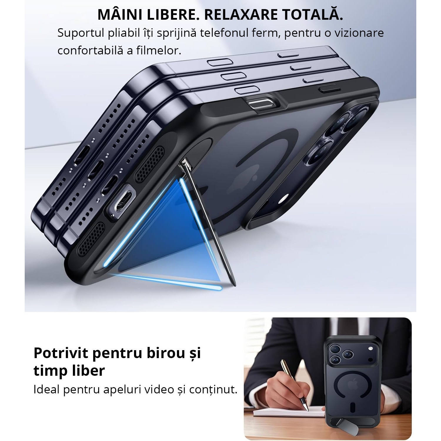 Husa pentru iPhone 17 PRO MAX, MobileSmart, compatibil cu MagSafe, suport ascuns si protectie militara antisoc cu margini ridicate, Negru