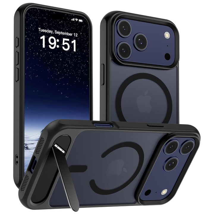 Husa pentru iPhone 17 PRO MAX, MobileSmart, compatibil cu MagSafe, suport ascuns si protectie militara antisoc cu margini ridicate, Negru