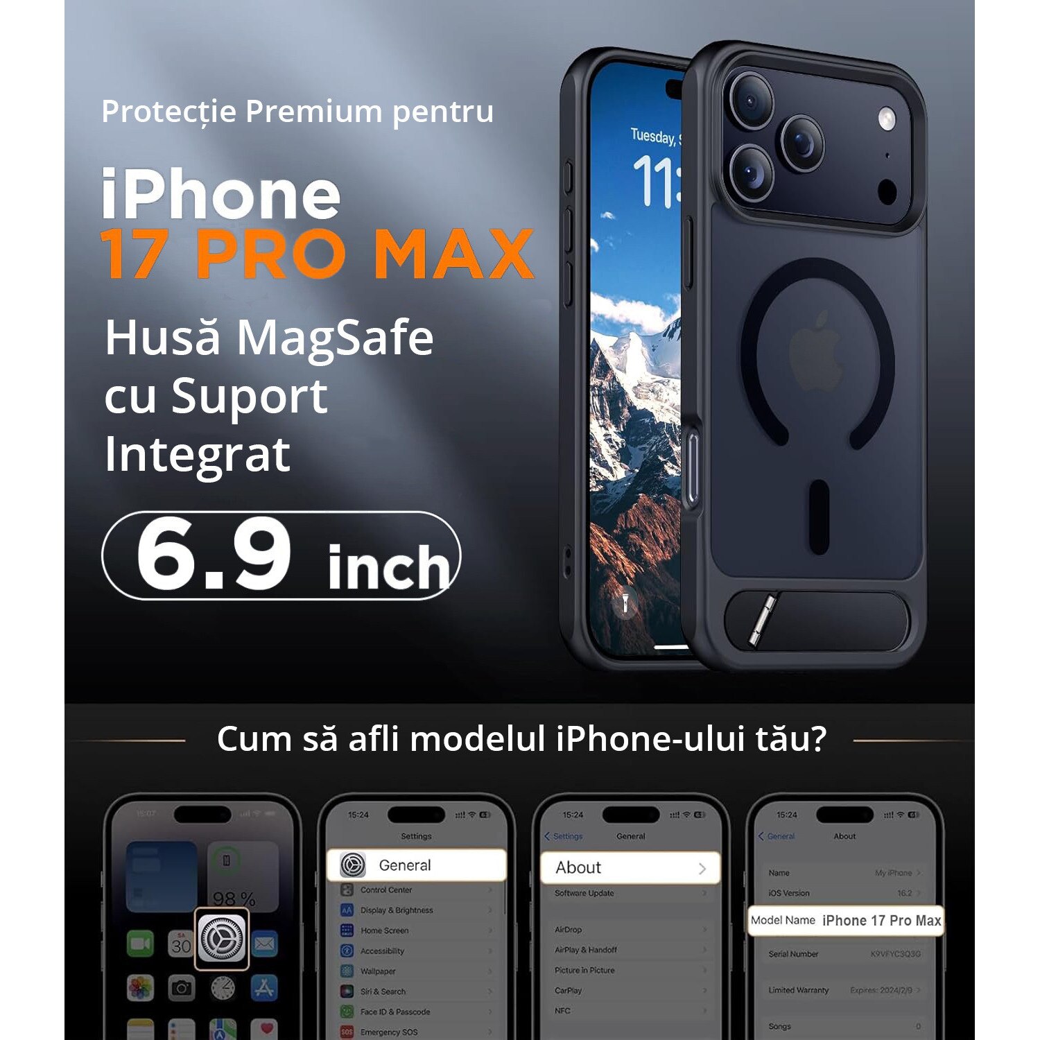 Husa pentru iPhone 17 PRO MAX, MobileSmart, compatibil cu MagSafe, suport ascuns si protectie militara antisoc cu margini ridicate, Negru