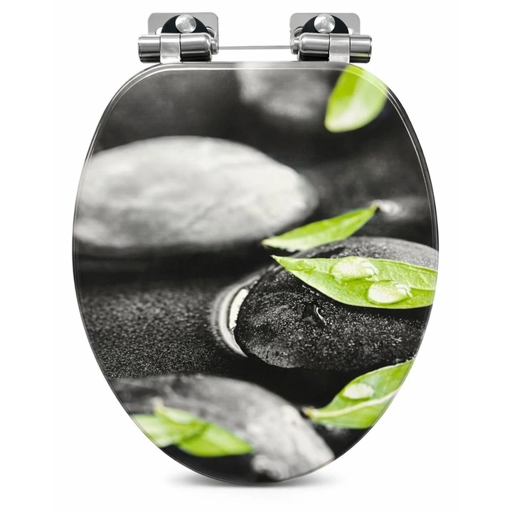 Tekzen Capac WC decorativ cu design natura – pietre si frunze verzi, MDF, balamale metalice
