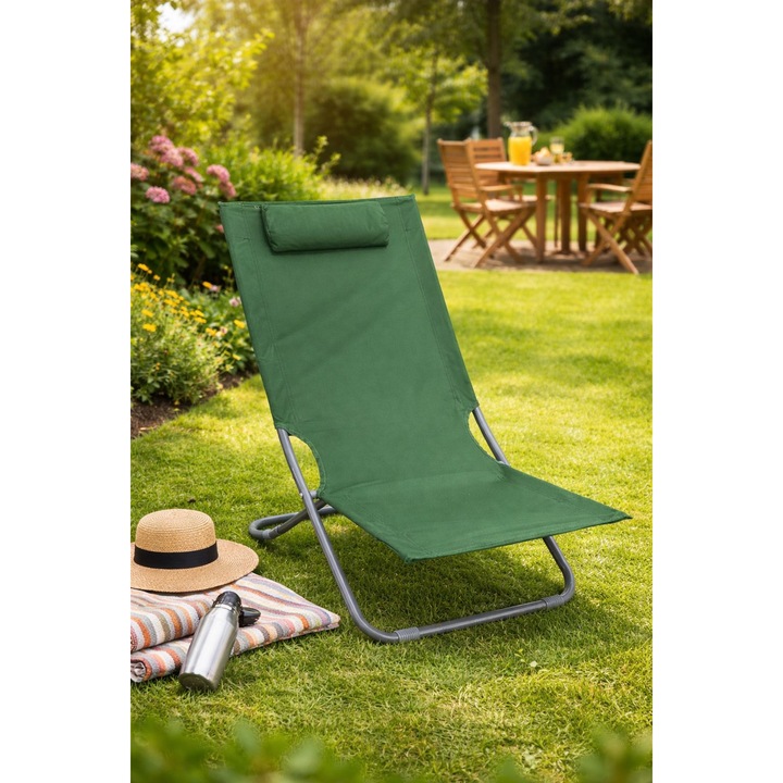 Eom sezlong pliabil pentru gradina si plaja cu perna verde