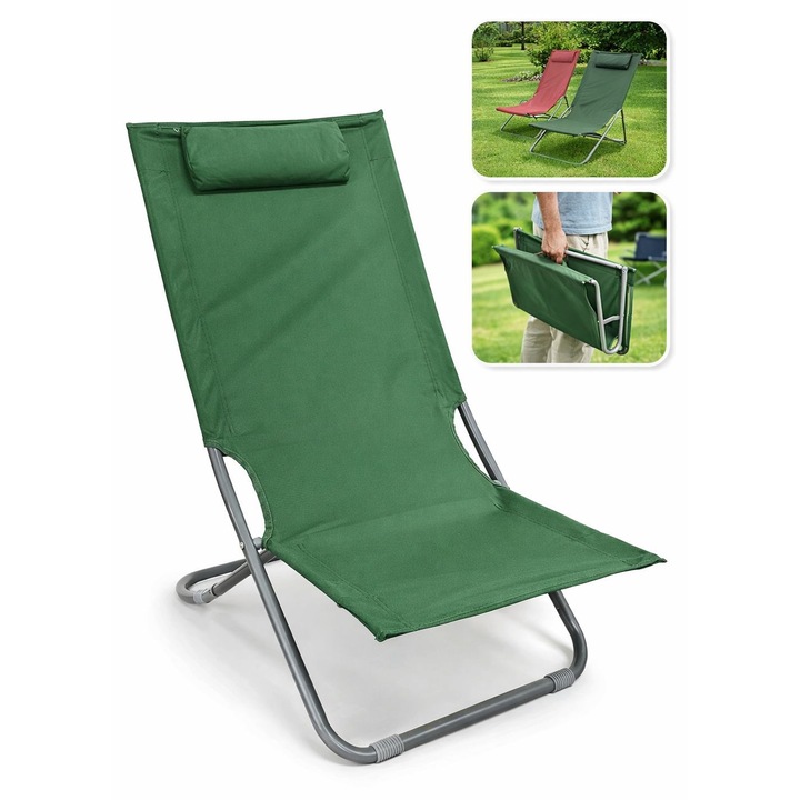 Eom sezlong pliabil pentru gradina si plaja cu perna verde