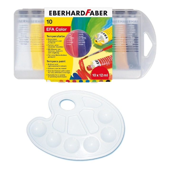 Set tempera 10 culori, 12ml, Eberhard-Faber cu paleta pentru pictura