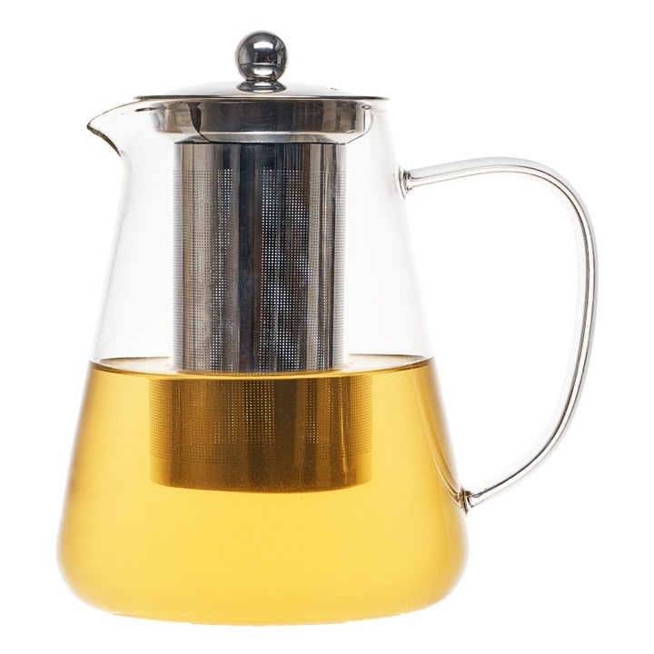 Ceainic minimalist, Ordino, sticla, filtru inox detasabil, 1L, Rezistent la temperaturi inalte, infuzor detasabil, gura antipicurare, maner ergonomic