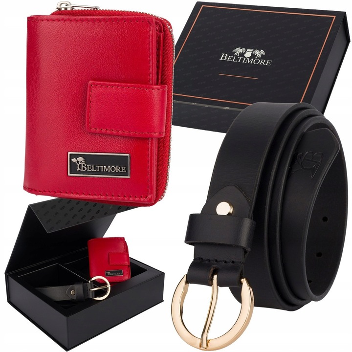 Set cadou dama, portofel din piele RFiD rosu si curea neagra, Beltimore, dimensiuni portofel 11x9x3cm, lungime curea 110cm