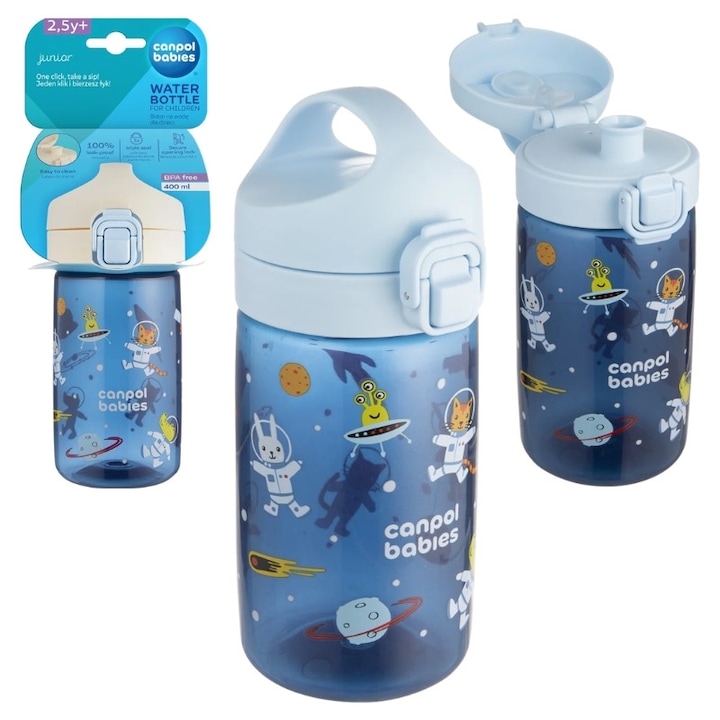 Bidon Pentru Apa, Canpol Babies, Junior, 2 Ani+, Plastic, 400 ml, Albastru, Forma Ergonomica, Pai Inclus, Usor De Curatat, Siguranta Alimentara, Ideal La Scoala, 12 cm, Albastru