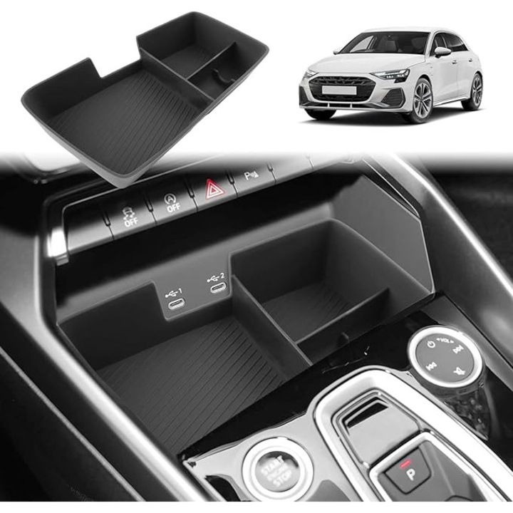 Középkonzol rendszerező Audi A3 8Y Facelift 2025 Sportback, S3 RS3 2025-2027, csúszásgátló szilikon tárolódoboz (vezeték nélküli töltés nélkül)