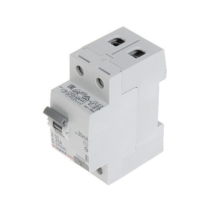 Dispozitiv de protectie, Legrand, intrerupator diferential monofazat, 30 mA, 25 A, 2 poli, montaj pe sina DIN