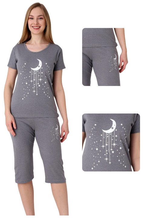 Set pijamale dama, Christina Secret, tricou cu maneca scurta si pantaloni 3/4, gri, 100% bumbac, L INTL