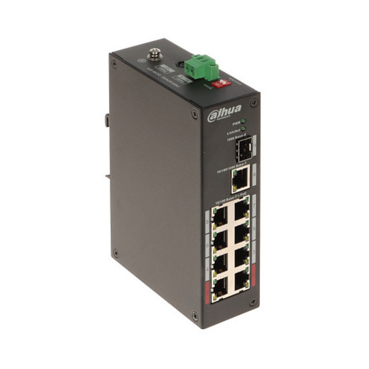 DAHUA menedzselhető switch, 8 LAN PoE port, 1 Uplink port, 1 SFP port, 96W, 10/100/1000 Mb/s
