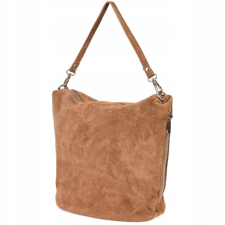 Чанта за пощальон Дамска Beltimore, от естествена велурена кожа, с два странични джоба, бежов цвят, размери 33x28,5x16cm