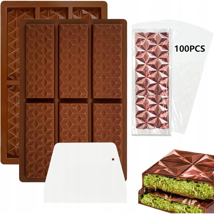 Set de 2 forme din silicon pentru ciocolata, adanci, reutilizabile, cu 100 pungi, multicolor