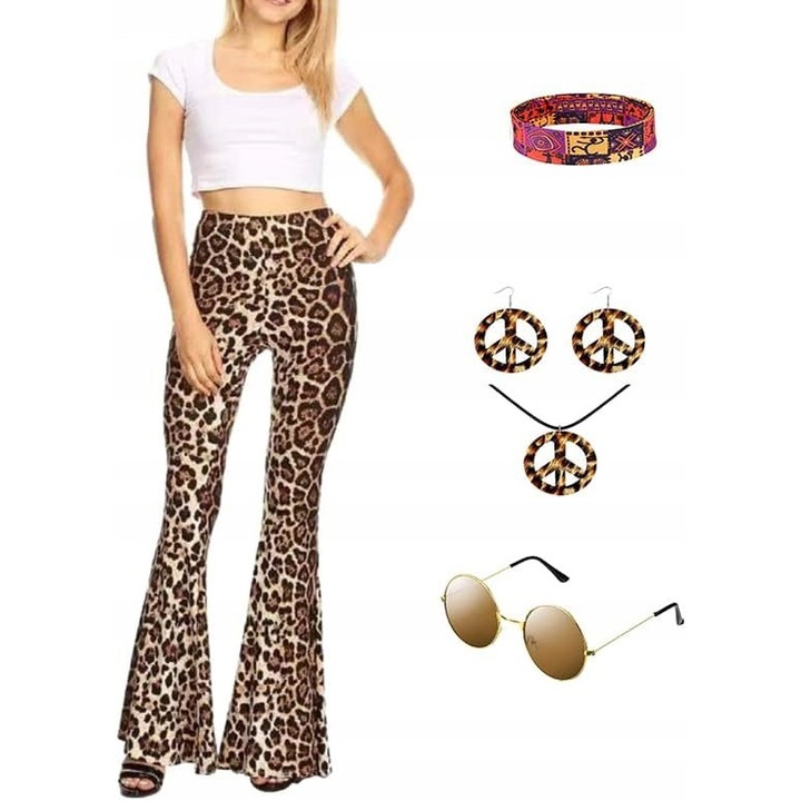 Női farsangi jelmez, HIPPIE JELMEZ A 60-AS ÉVEKBŐL, leopárdmintás, XL