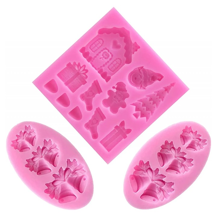 Set 3 forme pentru bomboane Craciun, silicon, roz, 9x5.2cm, 8.5x8.2cm