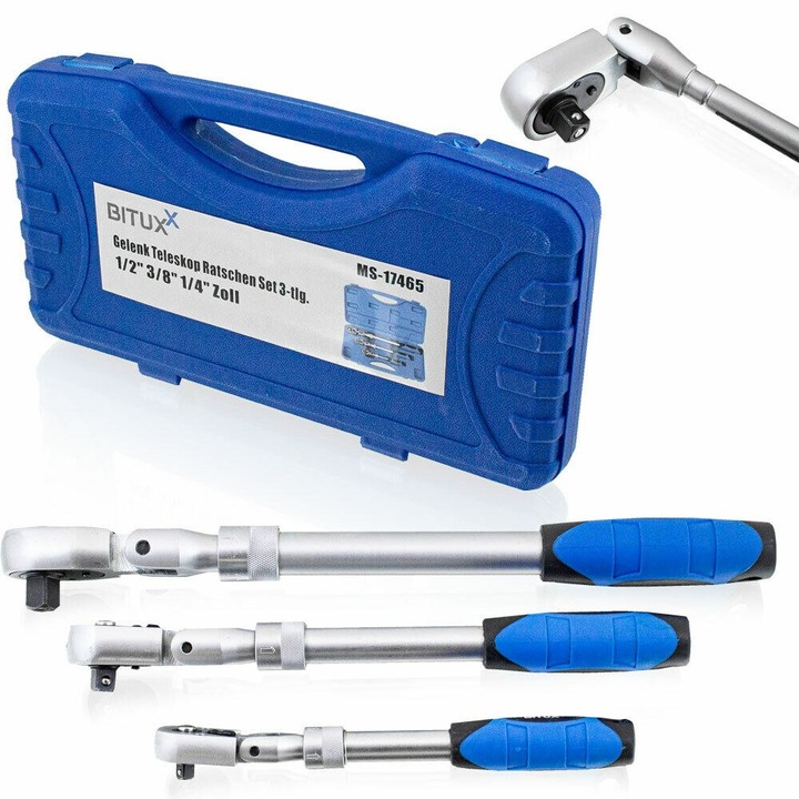 Set de chei cu gratar telescopic Bituxx 1/4", 3/8", 1/2", 90°, 3 piese, husa plastic
