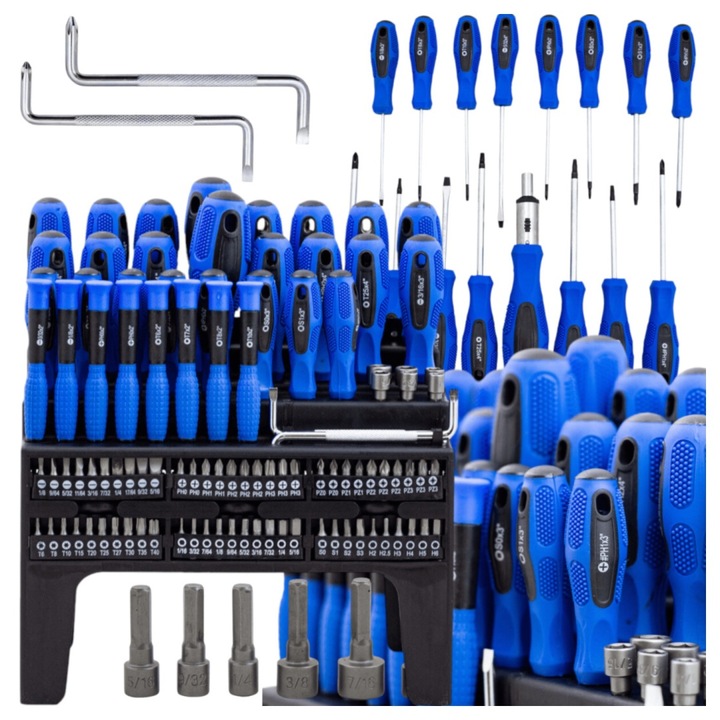 Set surubelnite si biti 100 el. Torx, PH, PZ, SL, Hex, cu ratchet