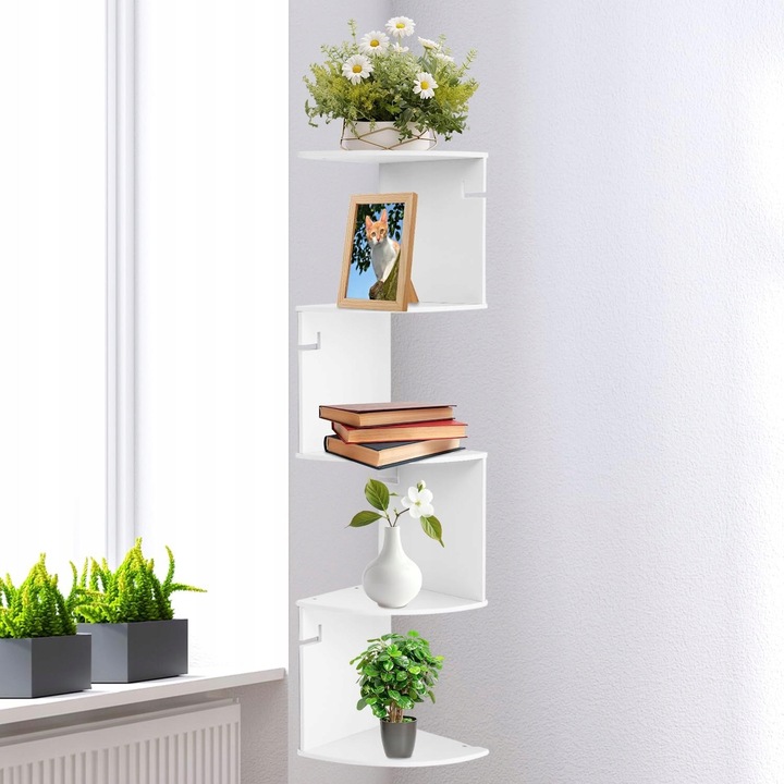 Raft coltar alb 5 niveluri pentru carti si decoratiuni, montaj pe perete