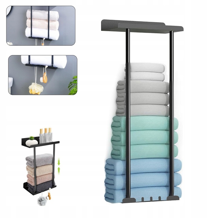 Suport pentru prosoape Bedee, metal, inaltime reglabila 45-75cm, negru, cu rafturi si carlige