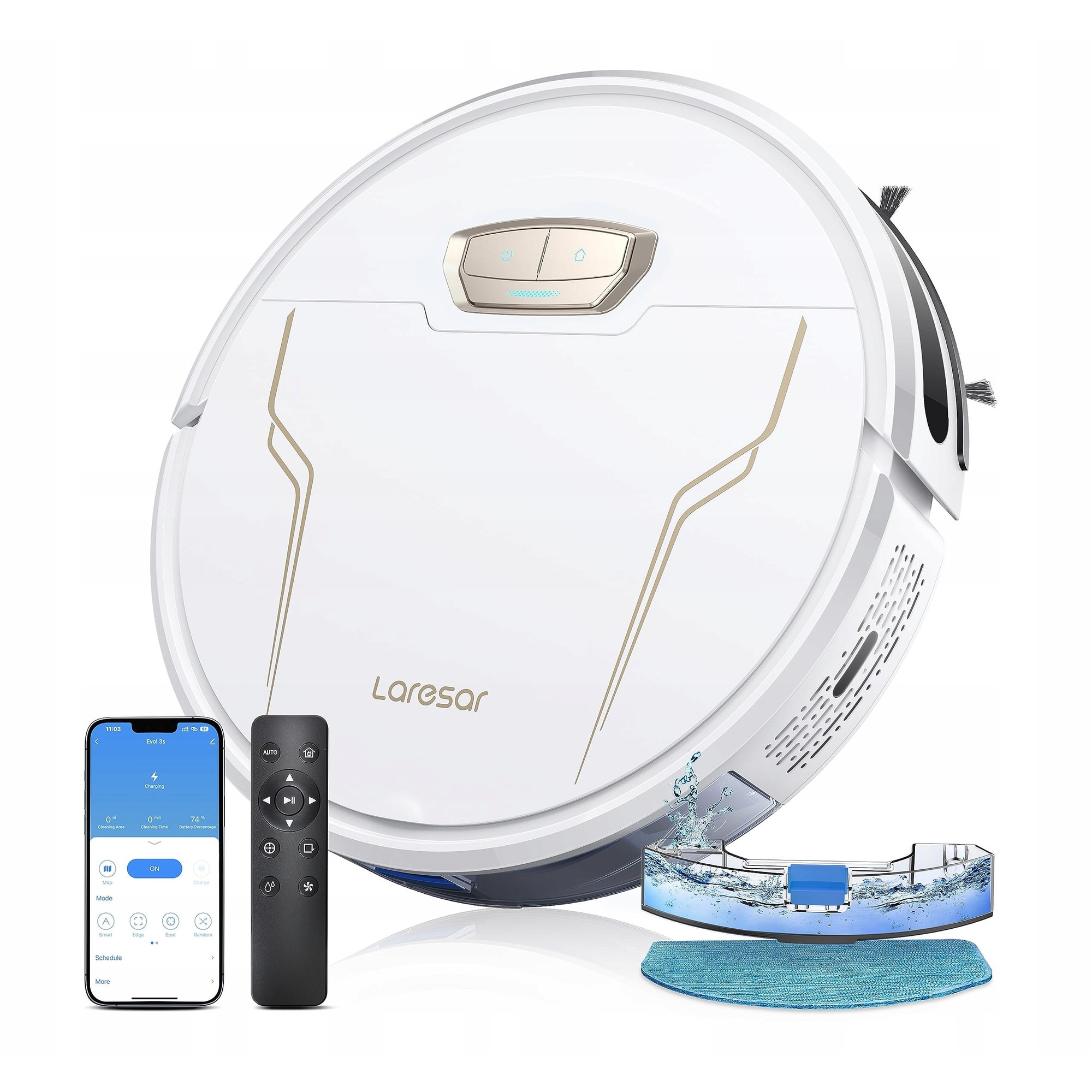 Aspirator robot Laresar Evol 3s 3 in 1, 4000Pa, WiFi, alb, set complet