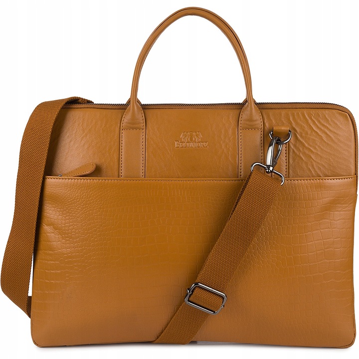 Geanta laptop din piele naturala, Beltimore, model croco, caramel, A4, cu curea detasabila