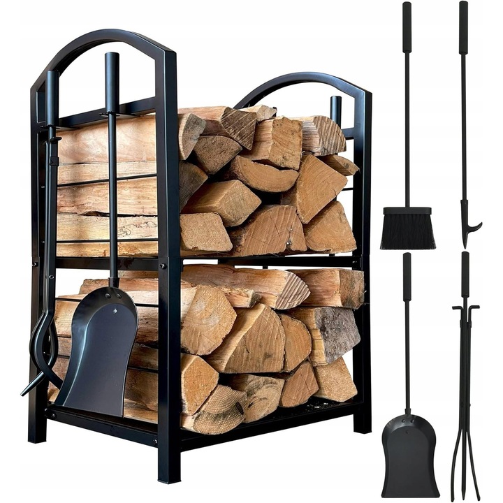 Suport pentru lemne, 4 unelte incluse, metal, negru, pentru interior si exterior