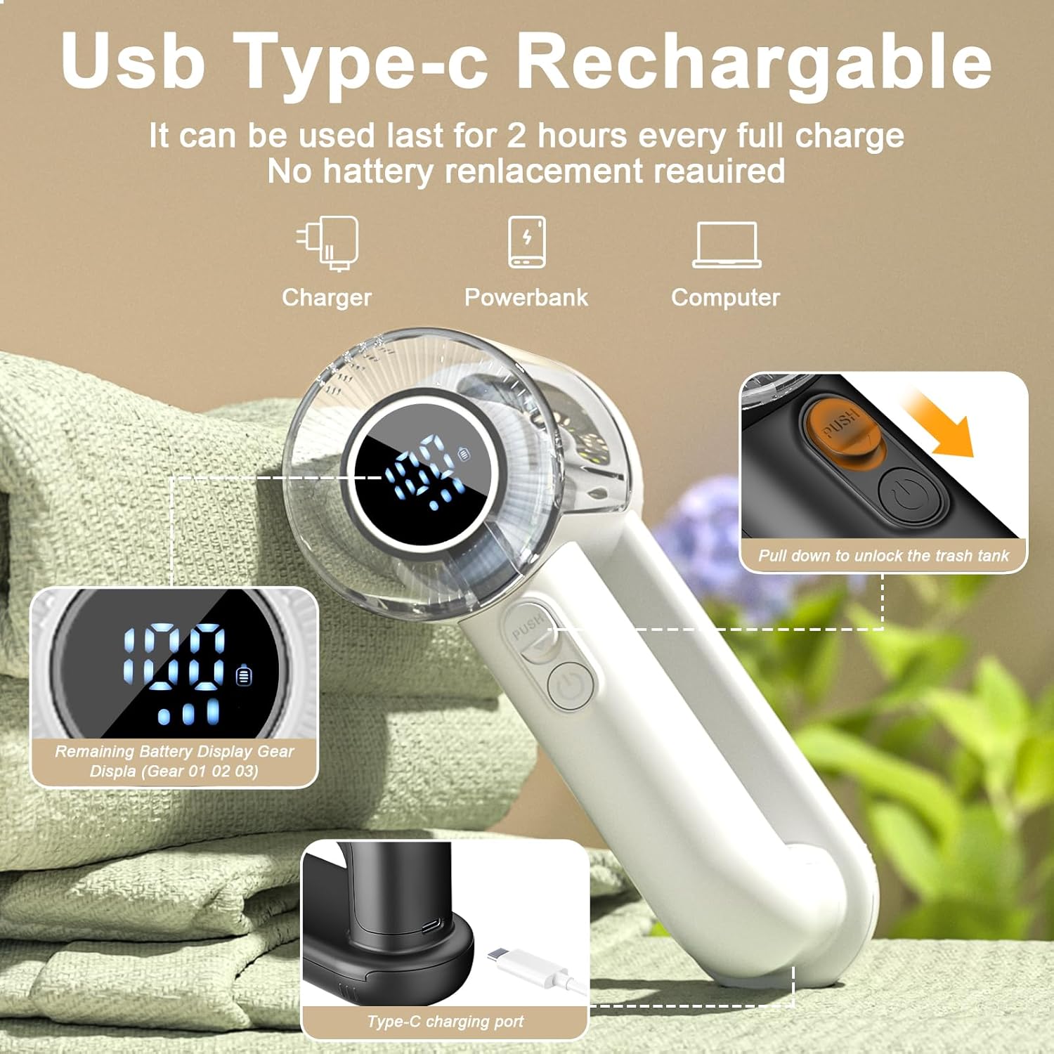 Aparat de curatat scame EYUSALL, Viteza a treia, 1800mAh, Cu perie, Potrivit pentru pulovere, imbracaminte, mobila, paturi, Alb