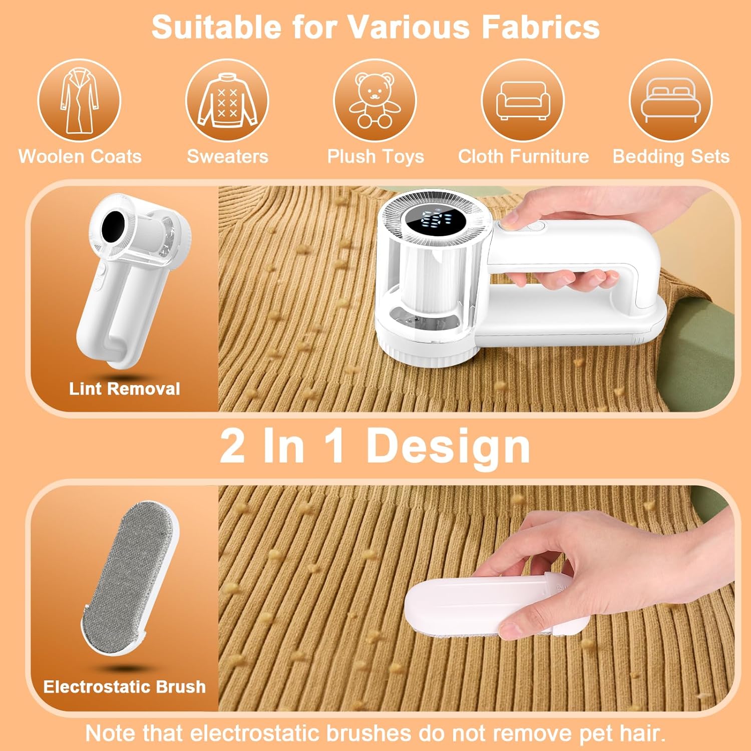 Aparat de curatat scame EYUSALL, Viteza a treia, 1800mAh, Cu perie, Potrivit pentru pulovere, imbracaminte, mobila, paturi, Alb