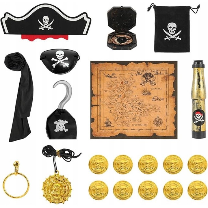 Costum de pirat pentru copii, set complet cu accesorii, 8 piese, multicolor
