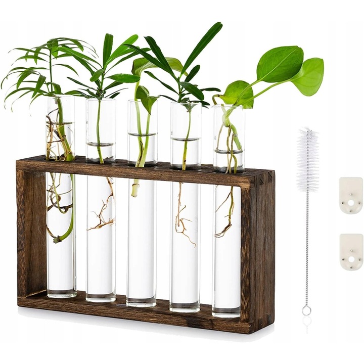 Suport pentru plante din lemn si sticla, 6 proba, 22x5x12.7cm, decorativ