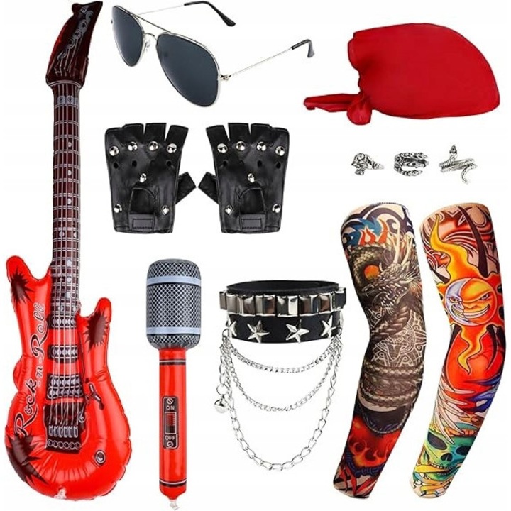 Costum retro Rockman, set complet, accesorii rock si gangster, multicolor, dimensiuni variate