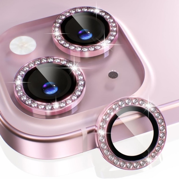 Pentru iPhone 15 / iPhone 15 Plus, film pentru telefon, carcasa de sticla calita 9H, 3 protectii separate pentru camera cu roz diamant