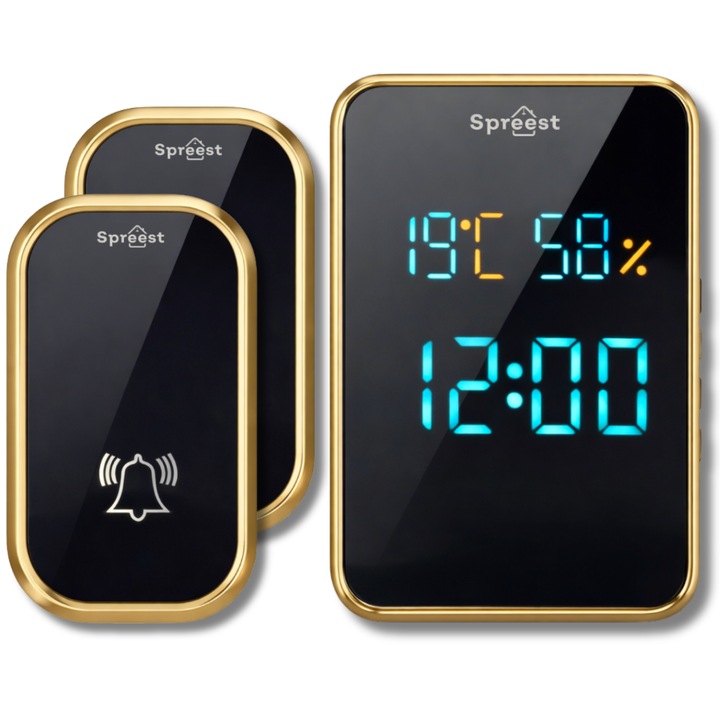 Sonerie electrica fara fir Spreest, set 2x transmitator + 1x receptor, IP44, 38 melodii, negru-auriu