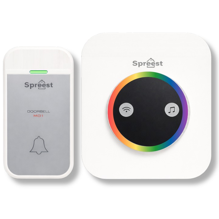 Sonerie wireless Spreest, set 1x transmitator + 1x receptor, IP44, 60 melodii, alb